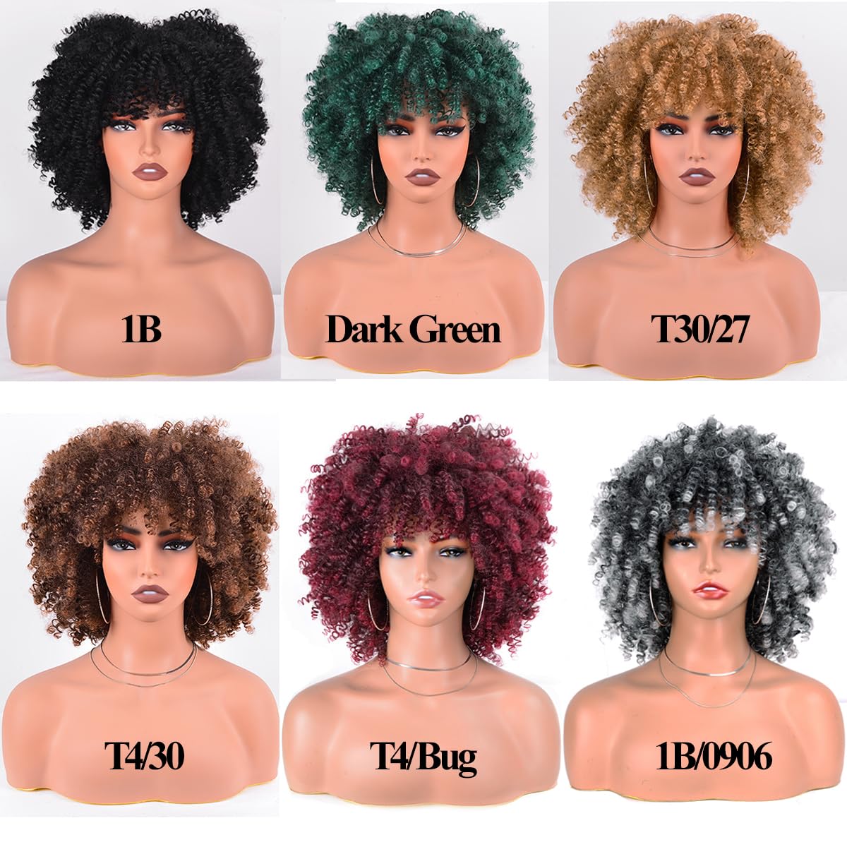 Afro Curly Wig with Bangs 12 Inches Synthetic Afro Wig for Women about 280g/Pcs Heat Resistant Black Short Kinky Curly Wigs for Daily Party