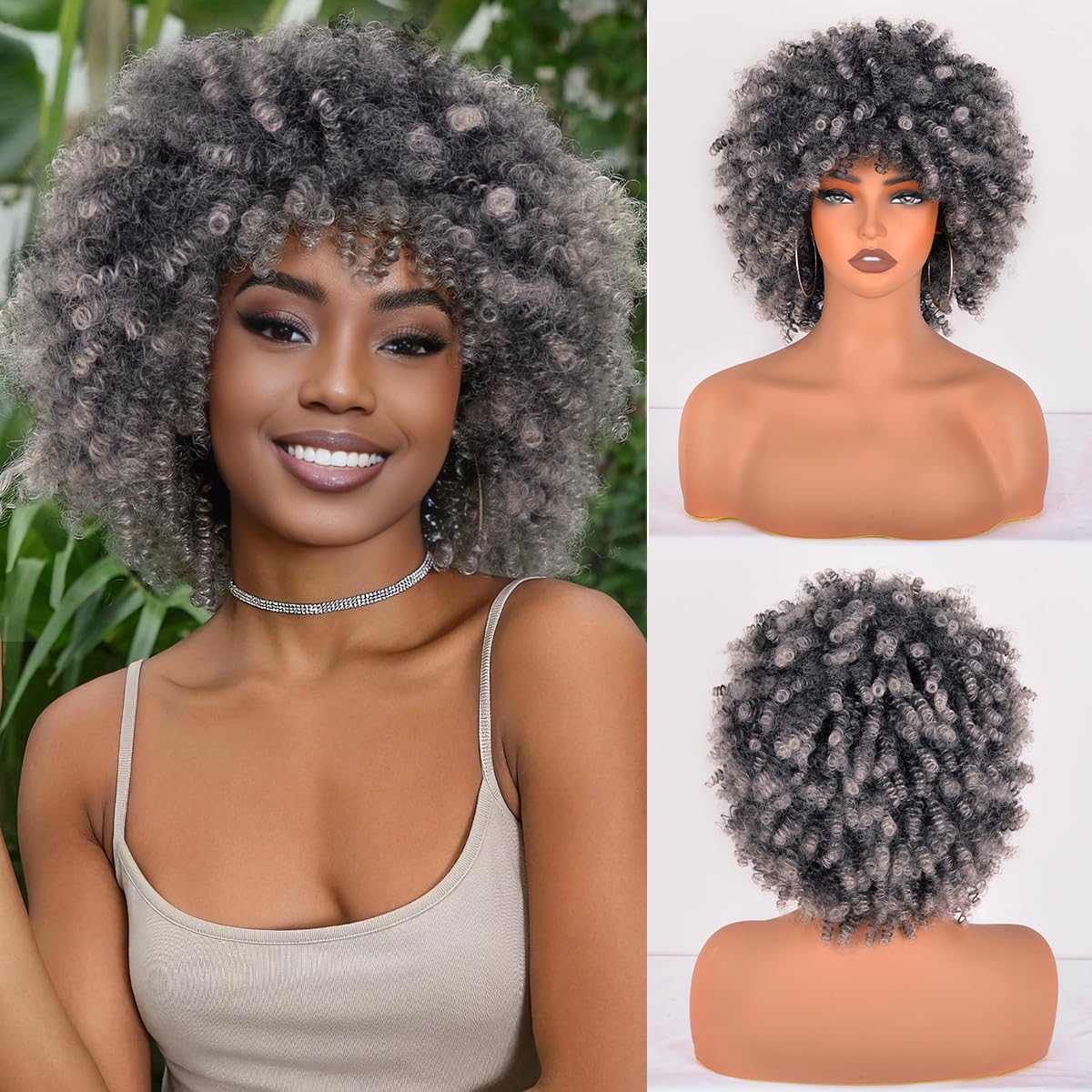 Afro Curly Wig with Bangs 12 Inches Synthetic Afro Wig for Women about 280g/Pcs Heat Resistant Black Short Kinky Curly Wigs for Daily Party