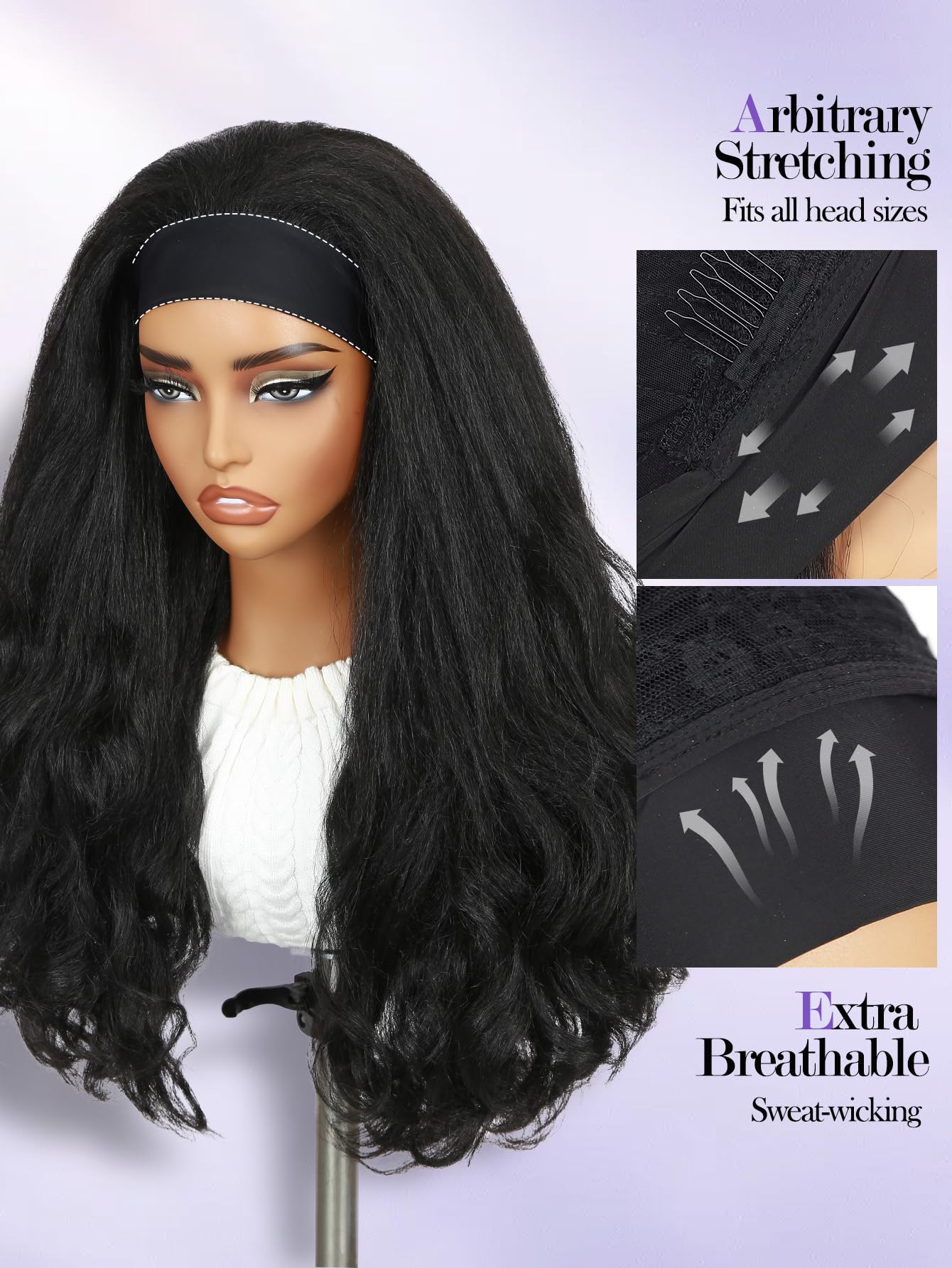 Yaki Wavy Headband Wigs for Black Women 26 Inch Black Kinky Straight Wear and Go Wig with Curly Wavy Ends Synthetic Glueless Half Wig with Headbands Attached Blow Out Style Natural Hair Texture