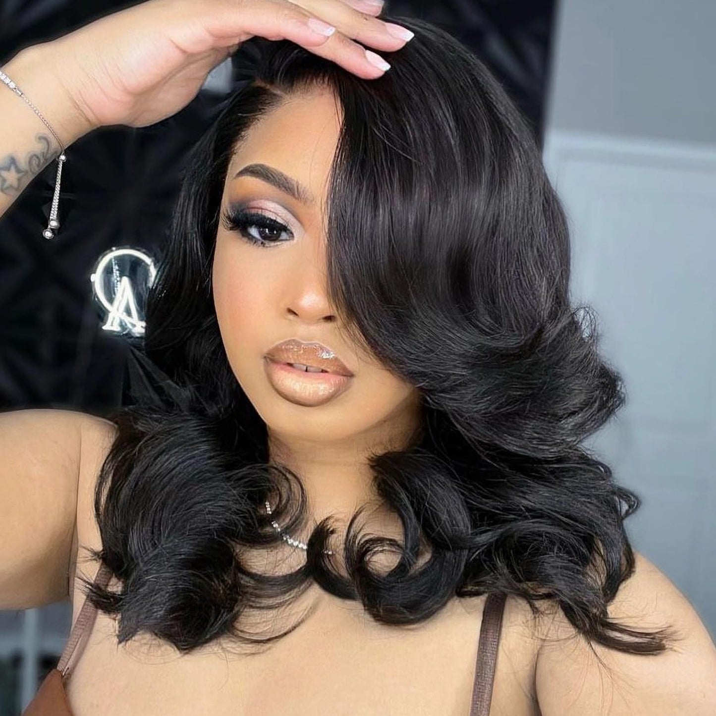 WIGER Short Wavy Wigs for Women Black Loose Wave Bob Hair Wig 14 Inch Side Part Big Curly Glueless Lace Part Hair Synthetic Curly Wig for Daily or Party