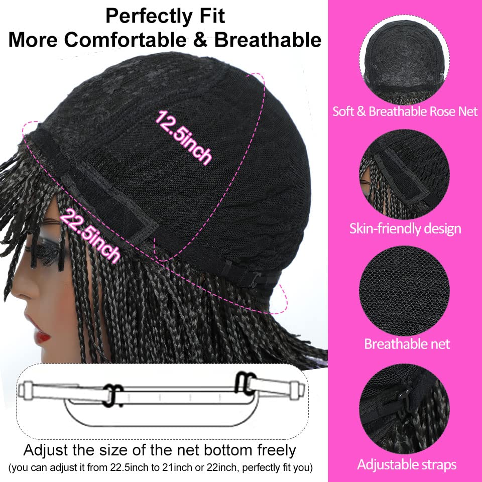 Box Braid Wig Synthetic Short Bob Wig Box Braided Wig with Bangs Cornrow Braided Wigs for Black Women (10 inches, Brown)