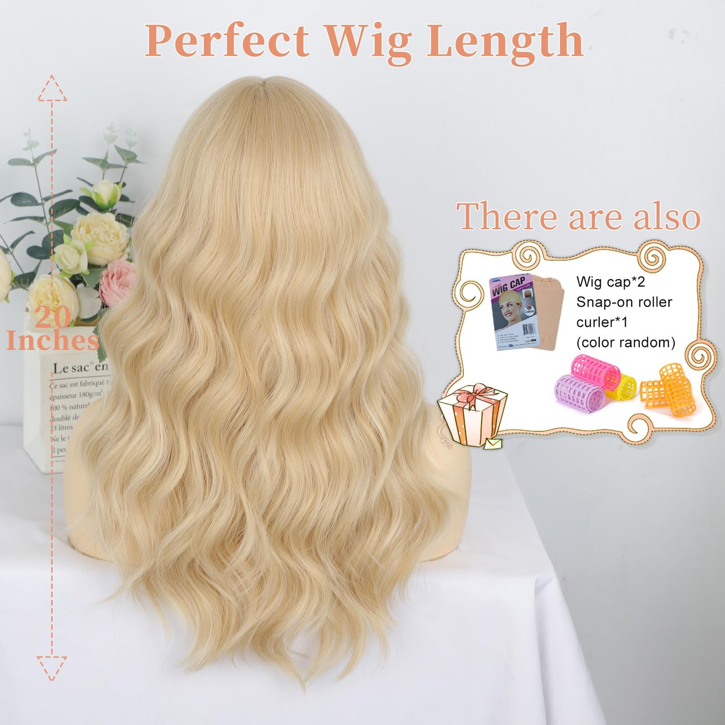 Blonde Wig with Bangs Dirty Blonde Wig for Women Long Wavy Curly Heat Resistant Fiber Synthetic for Daily Party Use (20inch)