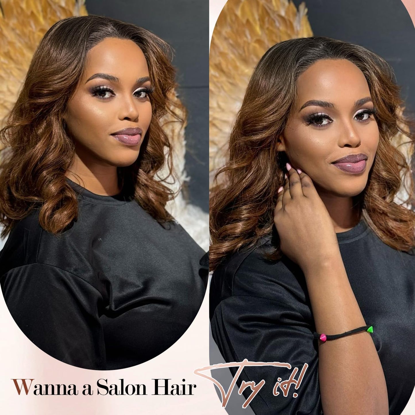 WIGER Short Wavy Wigs for Women Black Loose Wave Bob Hair Wig 14 Inch Side Part Big Curly Glueless Lace Part Hair Synthetic Curly Wig for Daily or Party