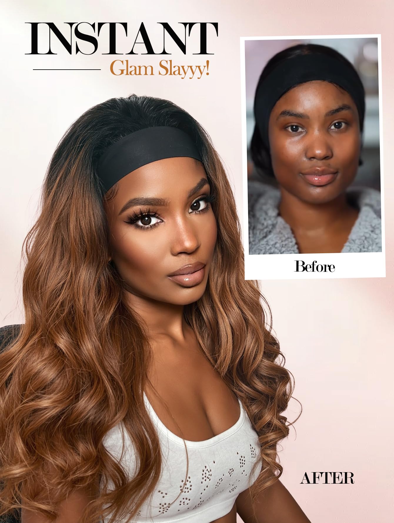 Yaki Wavy Headband Wigs for Black Women 26 Inch Black Kinky Straight Wear and Go Wig with Curly Wavy Ends Synthetic Glueless Half Wig with Headbands Attached Blow Out Style Natural Hair Texture