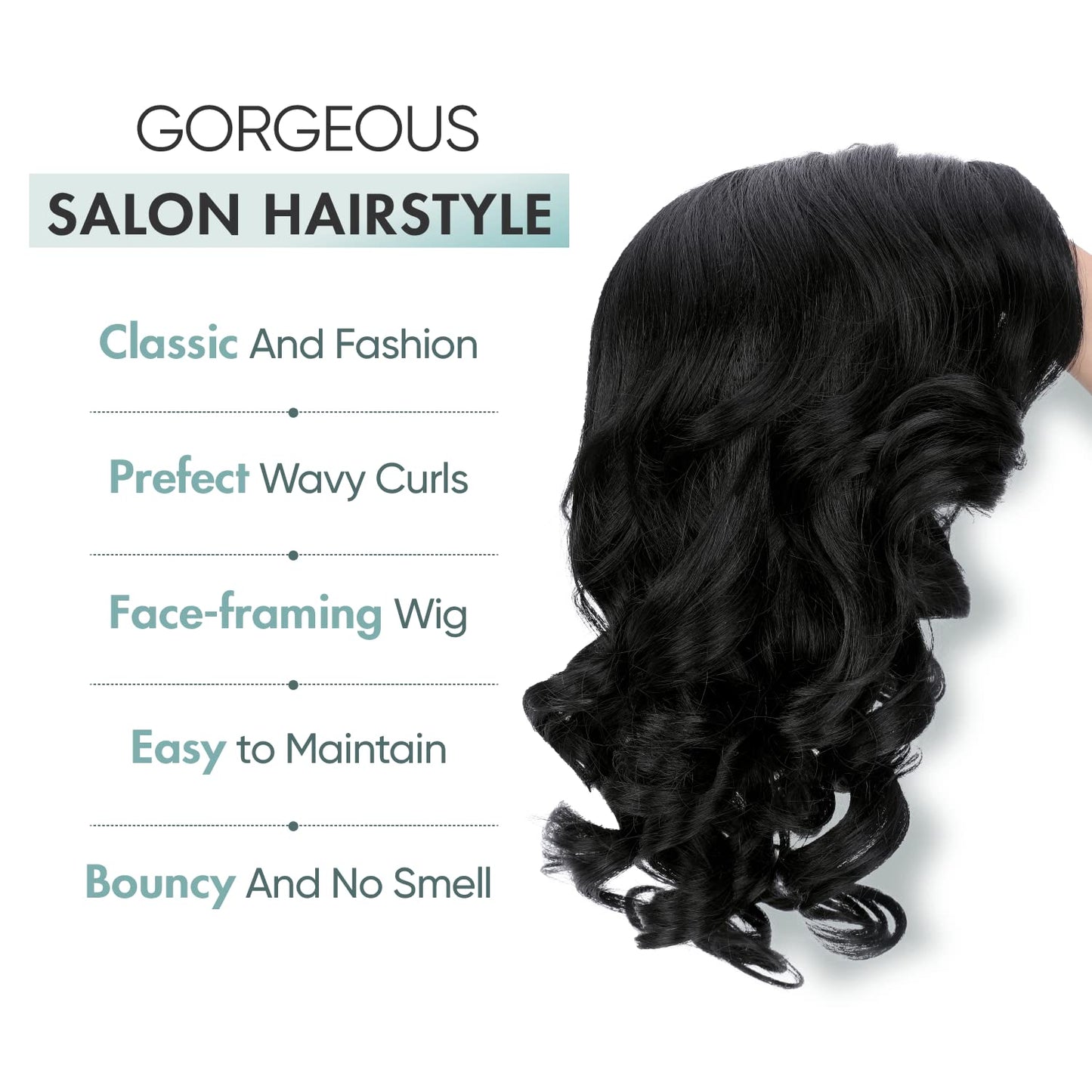 WIGER Short Wavy Wigs for Women Black Loose Wave Bob Hair Wig 14 Inch Side Part Big Curly Glueless Lace Part Hair Synthetic Curly Wig for Daily or Party