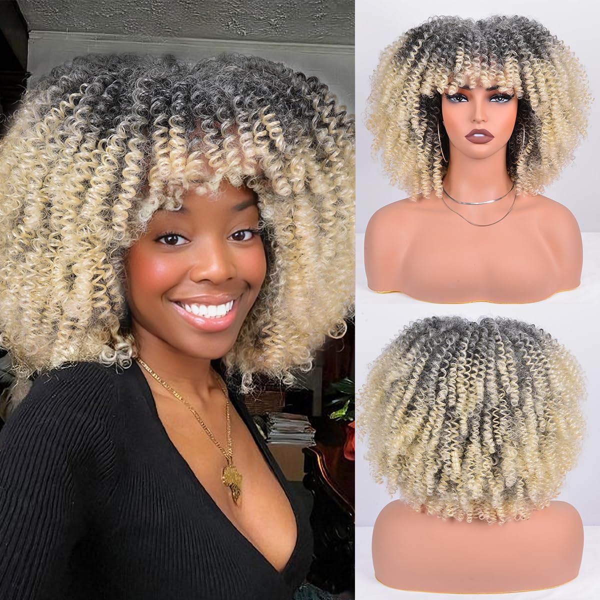 Afro Curly Wig with Bangs 12 Inches Synthetic Afro Wig for Women about 280g/Pcs Heat Resistant Black Short Kinky Curly Wigs for Daily Party
