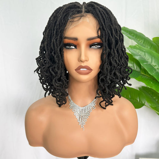 SOKU Short Curly Faux Locs Lace Frontal Wig 12 Inch Natural Black 4x4 Large Parting Space Twist Dreadlock Wigs for Black Women Afro Curly Braided Synthetic Wig