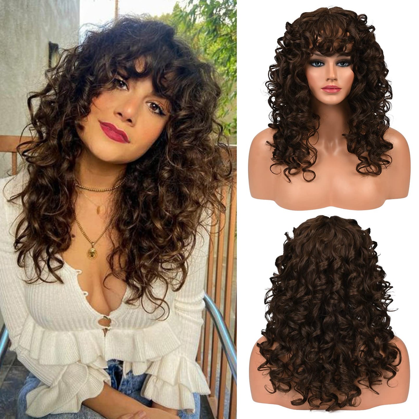 LONAI Curly Wig with Bangs for Black Women Long Black Kinky Wigs with Wispy Bangs WIG006 Curly Gorgeous Fringe Synthetic Wig for Daily Use Party Cosplay-Black