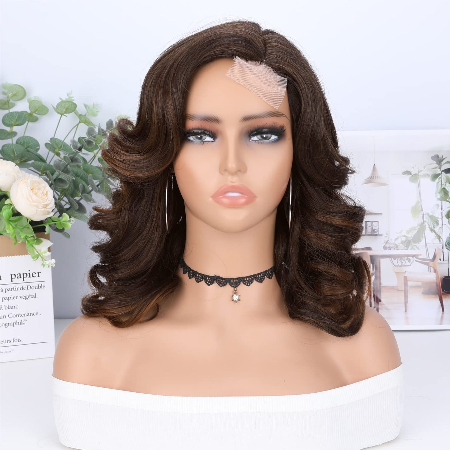 WIGER Short Wavy Wigs for Women Black Loose Wave Bob Hair Wig 14 Inch Side Part Big Curly Glueless Lace Part Hair Synthetic Curly Wig for Daily or Party