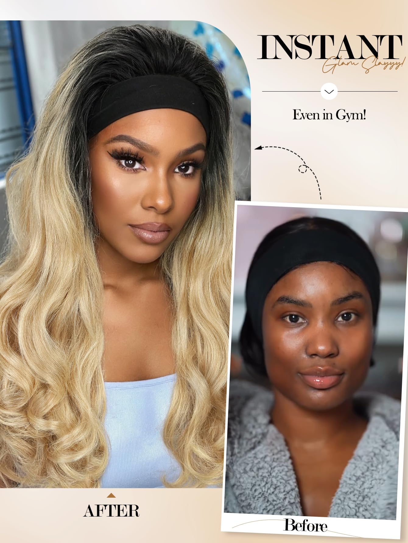 Yaki Wavy Headband Wigs for Black Women 26 Inch Black Kinky Straight Wear and Go Wig with Curly Wavy Ends Synthetic Glueless Half Wig with Headbands Attached Blow Out Style Natural Hair Texture