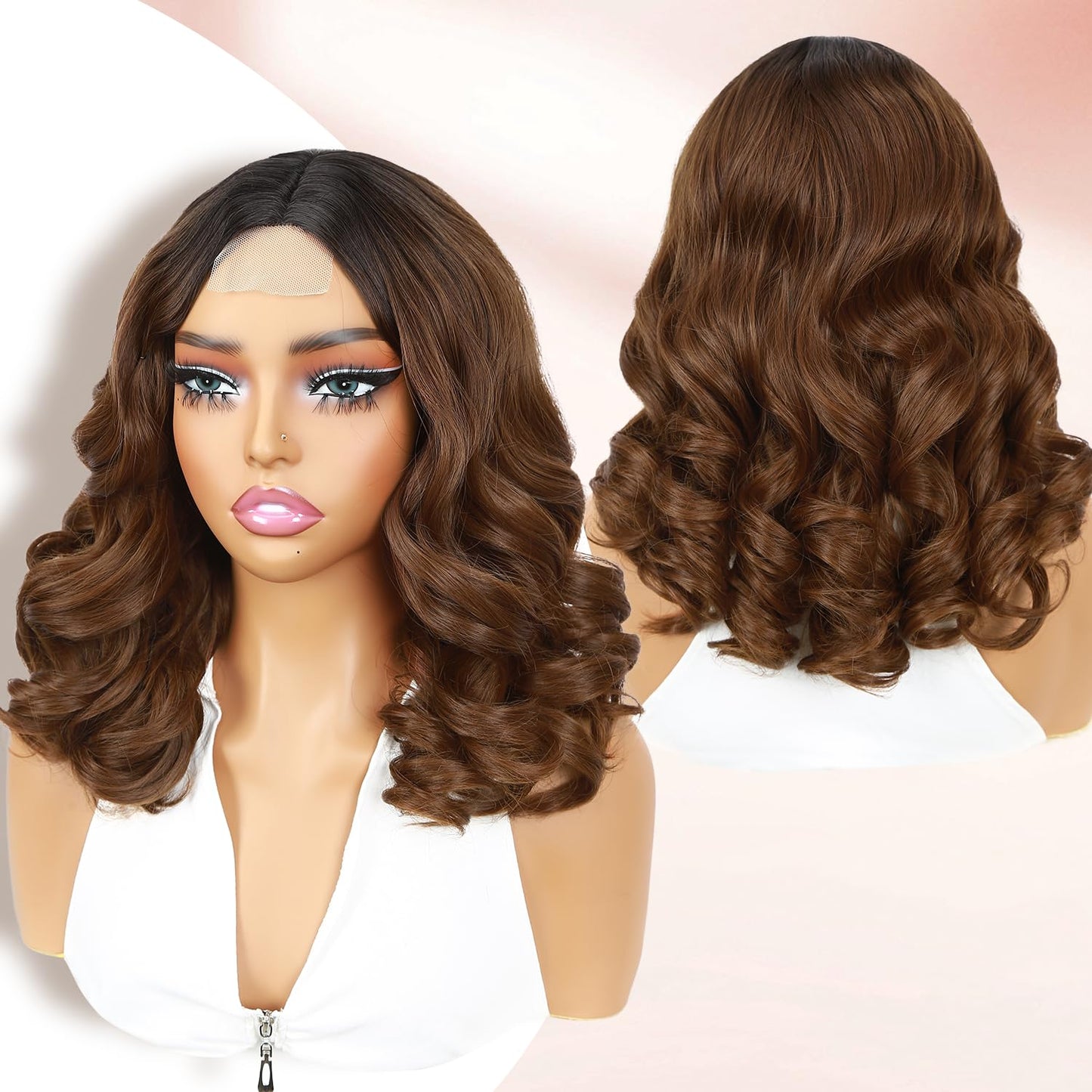 WIGER Short Wavy Wigs for Women Black Loose Wave Bob Hair Wig 14 Inch Side Part Big Curly Glueless Lace Part Hair Synthetic Curly Wig for Daily or Party