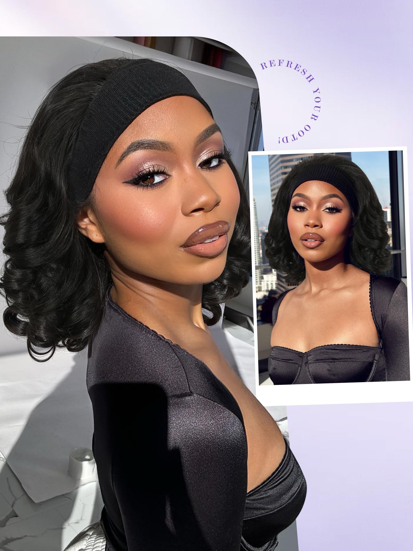 Yaki Wavy Headband Wigs for Black Women 26 Inch Black Kinky Straight Wear and Go Wig with Curly Wavy Ends Synthetic Glueless Half Wig with Headbands Attached Blow Out Style Natural Hair Texture