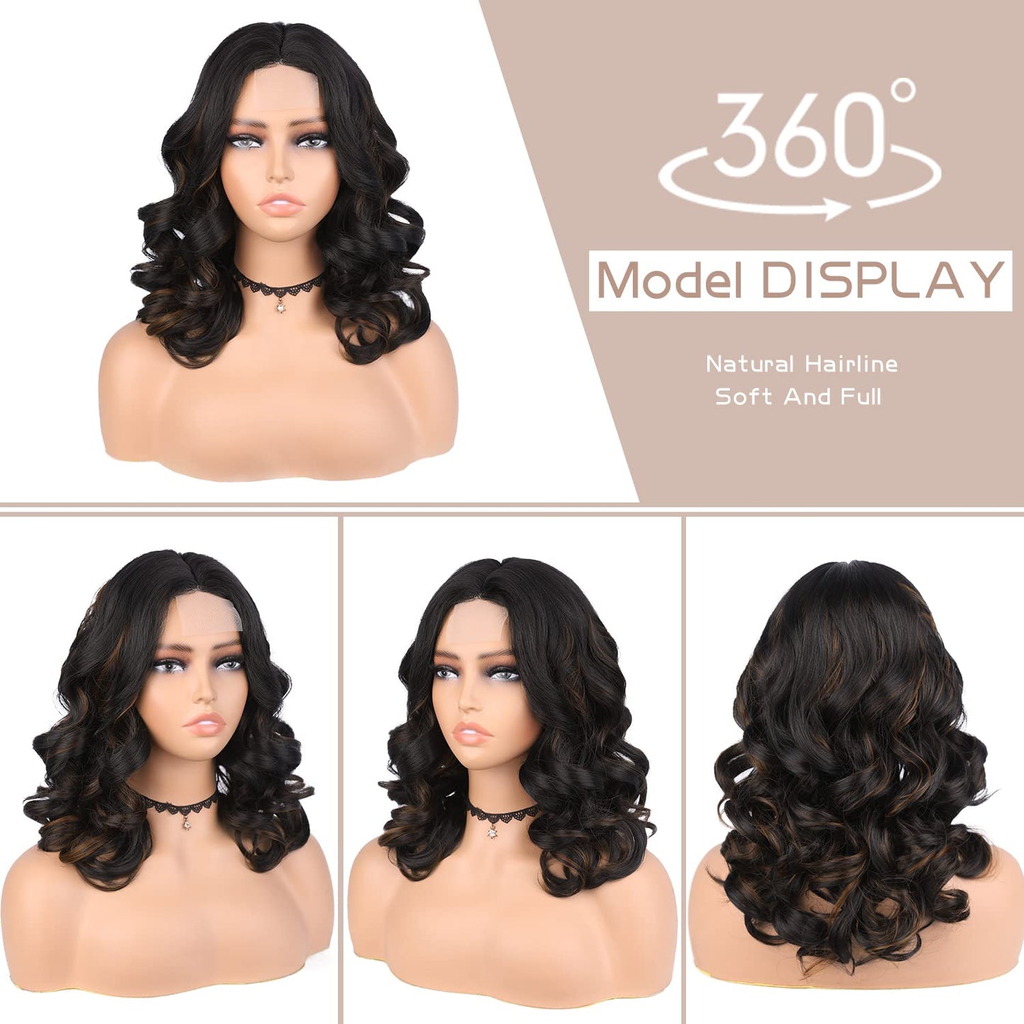 WIGER Short Wavy Wigs for Women Black Loose Wave Bob Hair Wig 14 Inch Side Part Big Curly Glueless Lace Part Hair Synthetic Curly Wig for Daily or Party