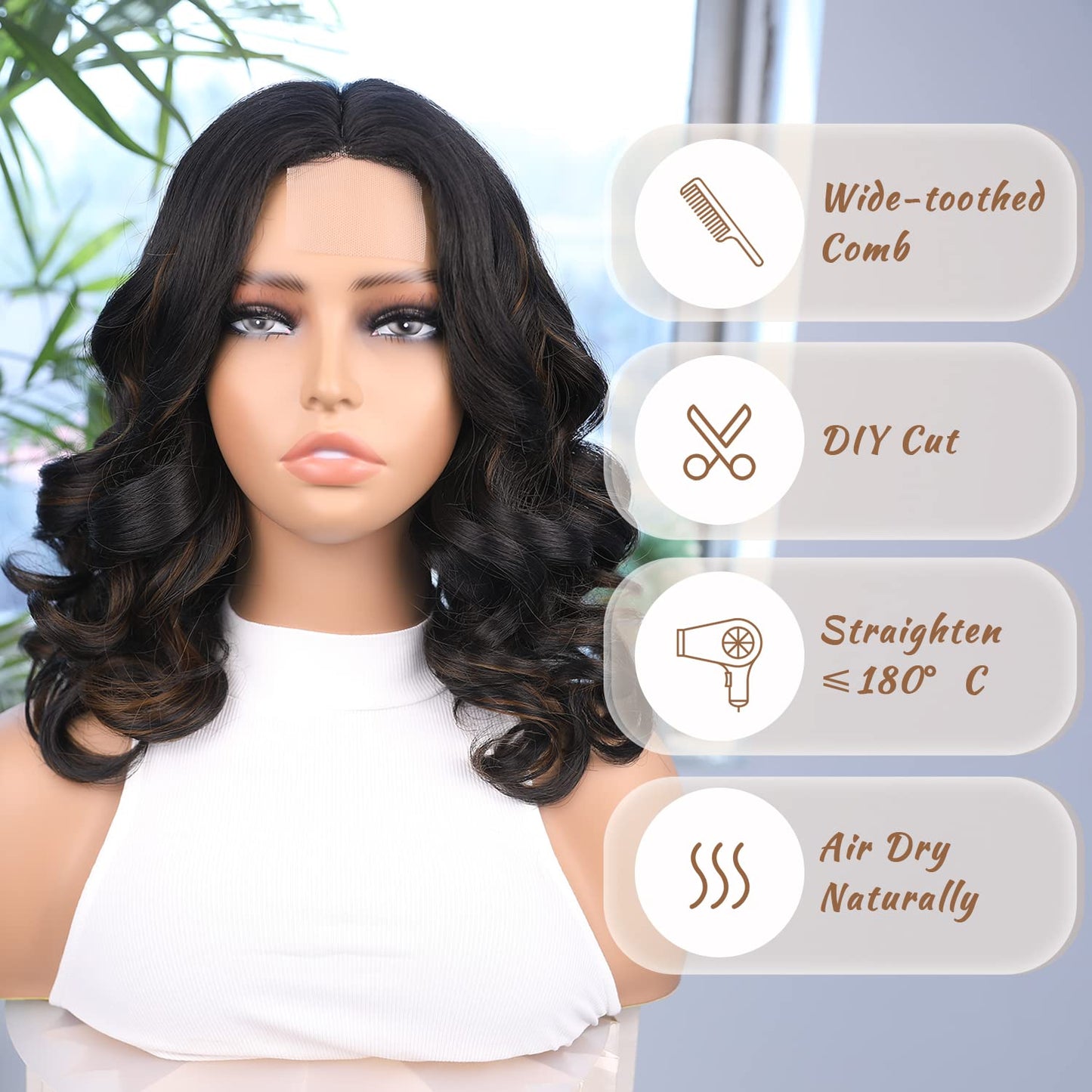 WIGER Short Wavy Wigs for Women Black Loose Wave Bob Hair Wig 14 Inch Side Part Big Curly Glueless Lace Part Hair Synthetic Curly Wig for Daily or Party