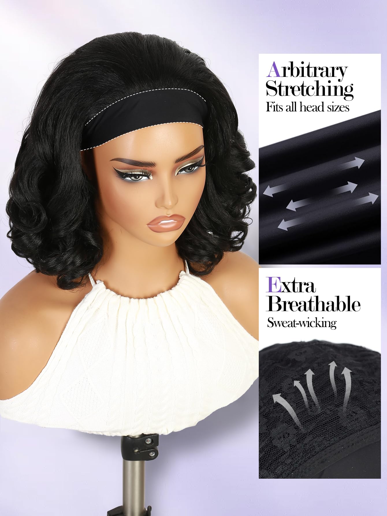 Yaki Wavy Headband Wigs for Black Women 26 Inch Black Kinky Straight Wear and Go Wig with Curly Wavy Ends Synthetic Glueless Half Wig with Headbands Attached Blow Out Style Natural Hair Texture