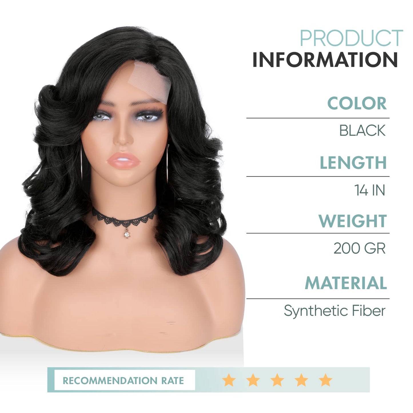 WIGER Short Wavy Wigs for Women Black Loose Wave Bob Hair Wig 14 Inch Side Part Big Curly Glueless Lace Part Hair Synthetic Curly Wig for Daily or Party