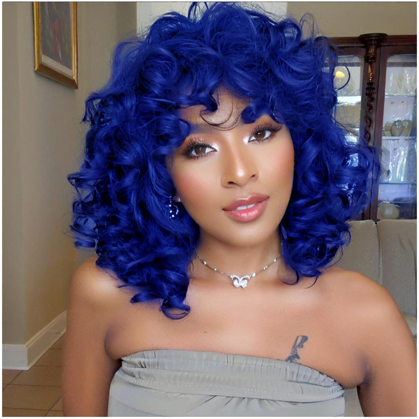 Curly Wigs for Black Women Soft Honey Blonde Short Curly Wig with Bangs Afro Loose Curls Wig for African American Women (1B/30)