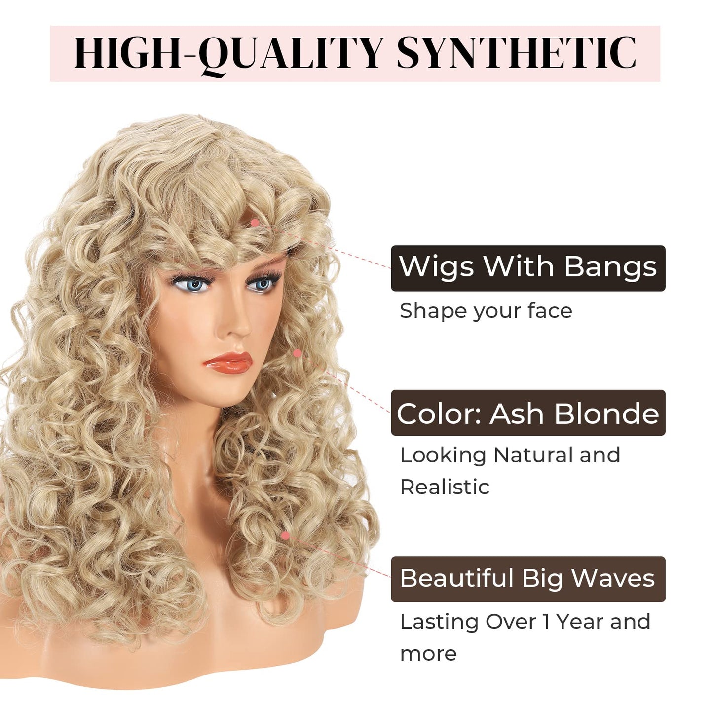 LONAI Curly Wig with Bangs for Black Women Long Black Kinky Wigs with Wispy Bangs WIG006 Curly Gorgeous Fringe Synthetic Wig for Daily Use Party Cosplay-Black