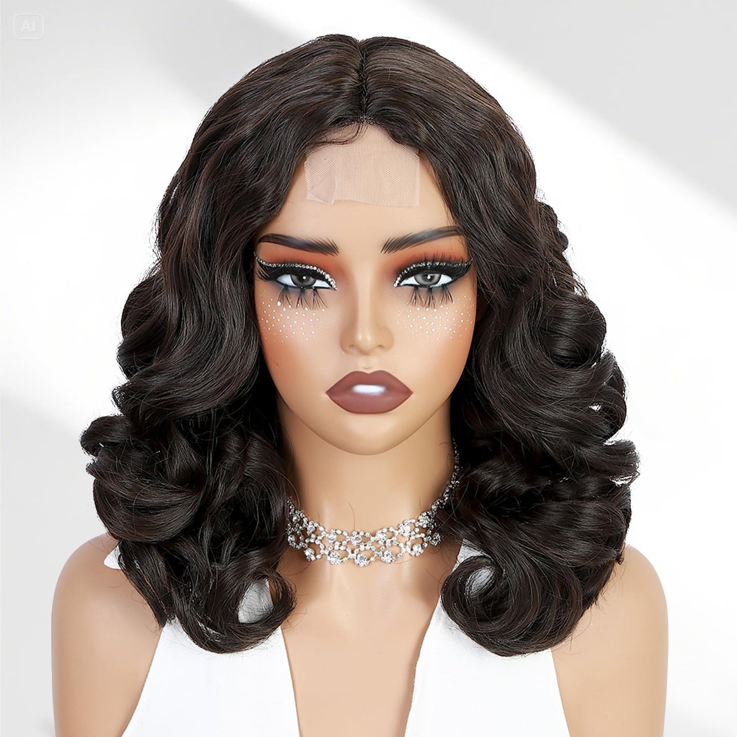 WIGER Short Wavy Wigs for Women Black Loose Wave Bob Hair Wig 14 Inch Side Part Big Curly Glueless Lace Part Hair Synthetic Curly Wig for Daily or Party