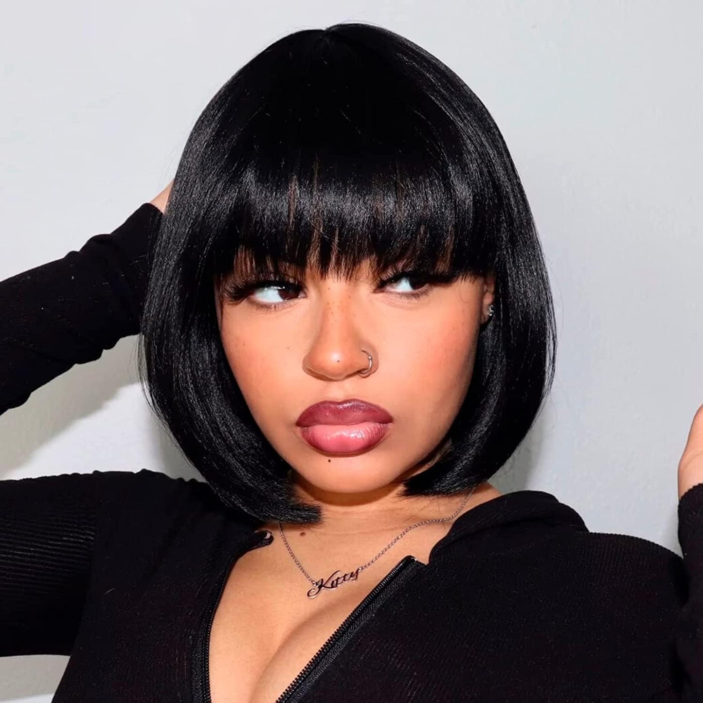 ToyoTress Bob Wig With Bangs - 12 Inch Peek-a-boo Color Short Bob Wig For Black Women Black Mix Brown Daily Costume Wigs, Light Yaki Straight Synthetic Hair Wigs Heat Resistant (12 Inch, SH30-612H)
