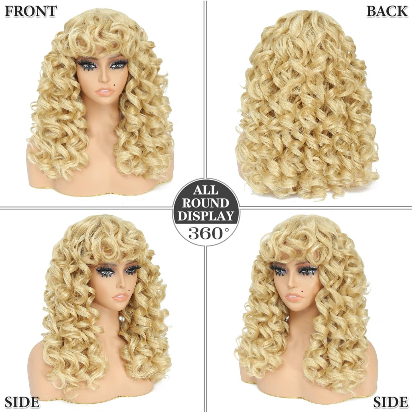GKtineke-Curly-Wig Big-Curly-Wigs-for-White-Black-Women 20 Inch- Long-Curly-Wig-with-Bangs Synthetic-Hair-Replacement-Wigs-for- Cosplay and Daily(Ombre Ginger… (Brown)