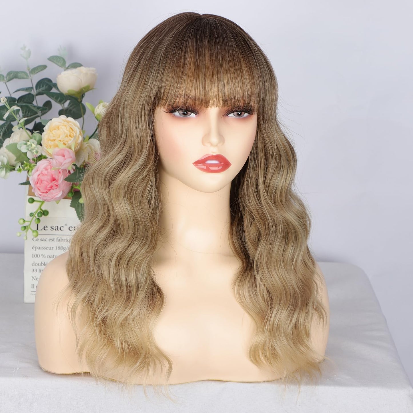 Blonde Wig with Bangs Dirty Blonde Wig for Women Long Wavy Curly Heat Resistant Fiber Synthetic for Daily Party Use (20inch)