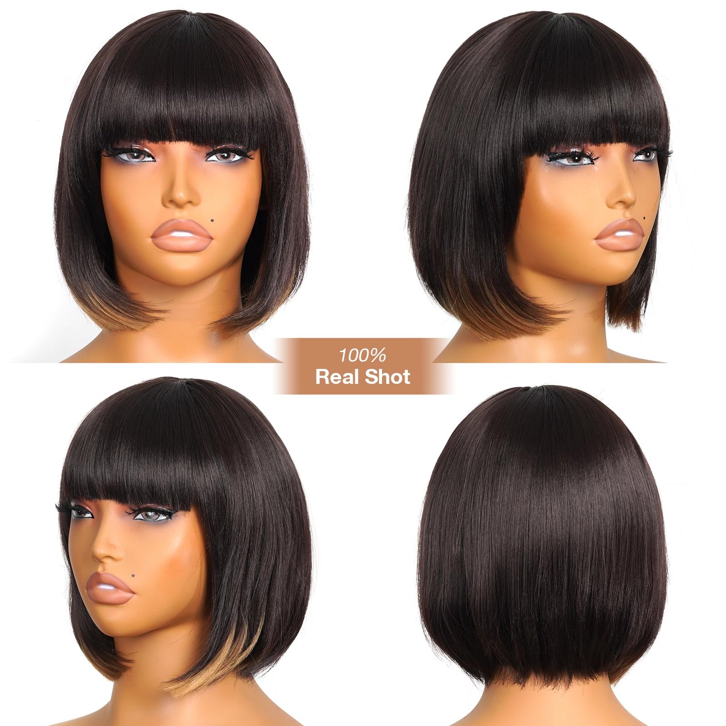 ToyoTress Bob Wig With Bangs - 12 Inch Peek-a-boo Color Short Bob Wig For Black Women Black Mix Brown Daily Costume Wigs, Light Yaki Straight Synthetic Hair Wigs Heat Resistant (12 Inch, SH30-612H)