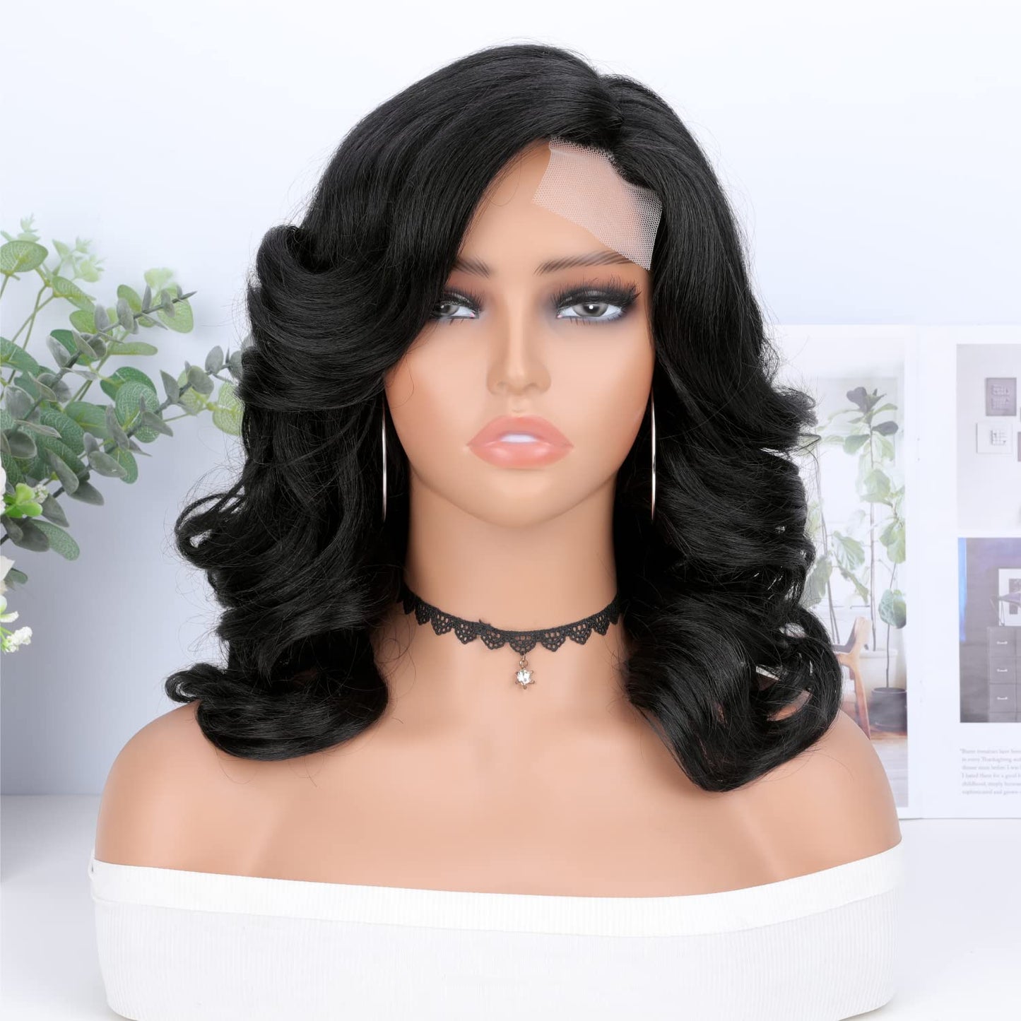 WIGER Short Wavy Wigs for Women Black Loose Wave Bob Hair Wig 14 Inch Side Part Big Curly Glueless Lace Part Hair Synthetic Curly Wig for Daily or Party