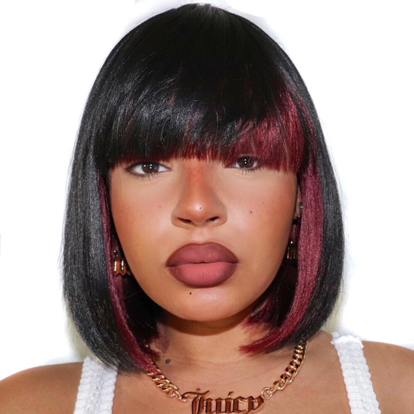 ToyoTress Bob Wig With Bangs - 12 Inch Peek-a-boo Color Short Bob Wig For Black Women Black Mix Brown Daily Costume Wigs, Light Yaki Straight Synthetic Hair Wigs Heat Resistant (12 Inch, SH30-612H)