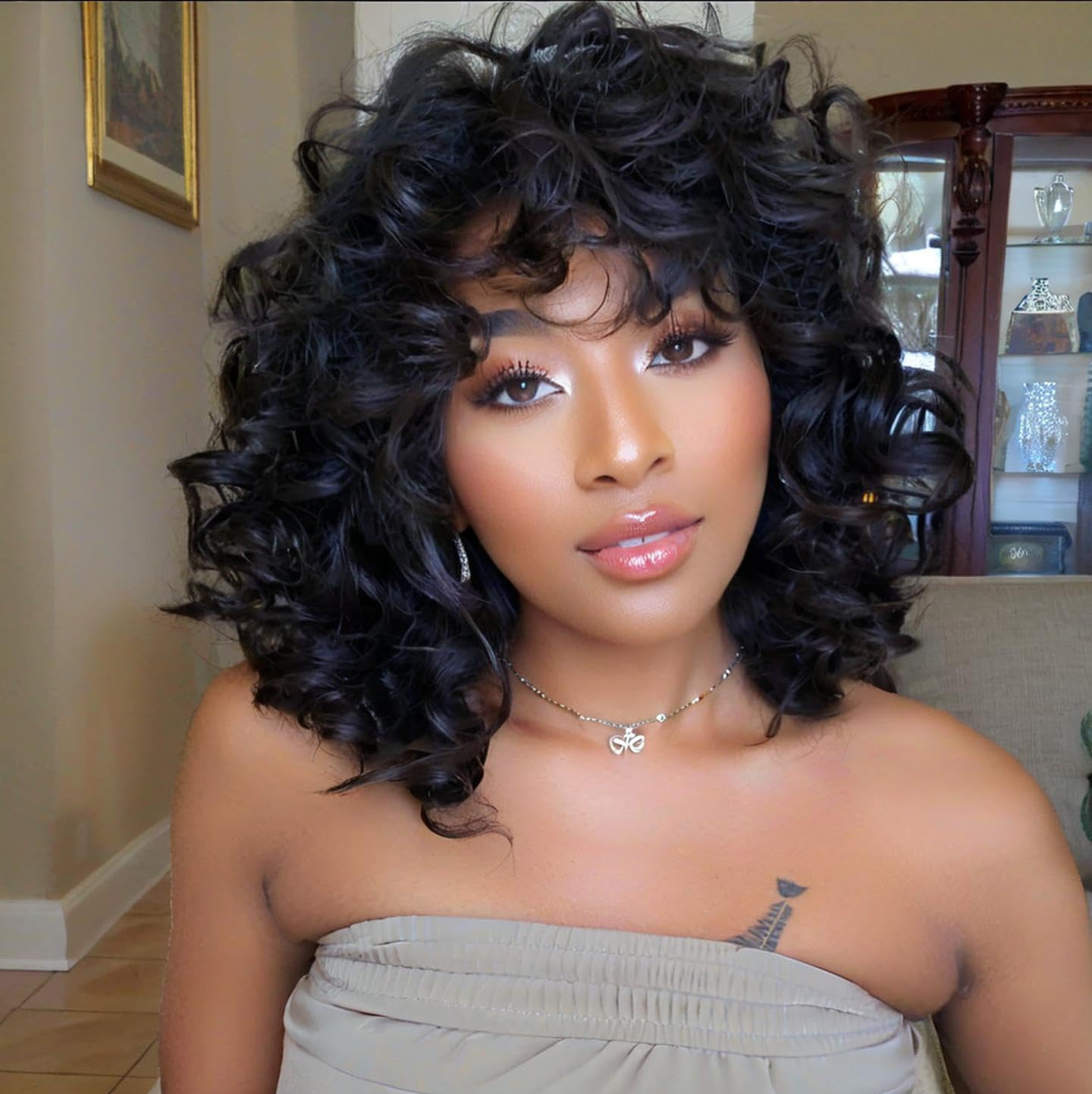 Curly Wigs for Black Women Soft Honey Blonde Short Curly Wig with Bangs Afro Loose Curls Wig for African American Women (1B/30)
