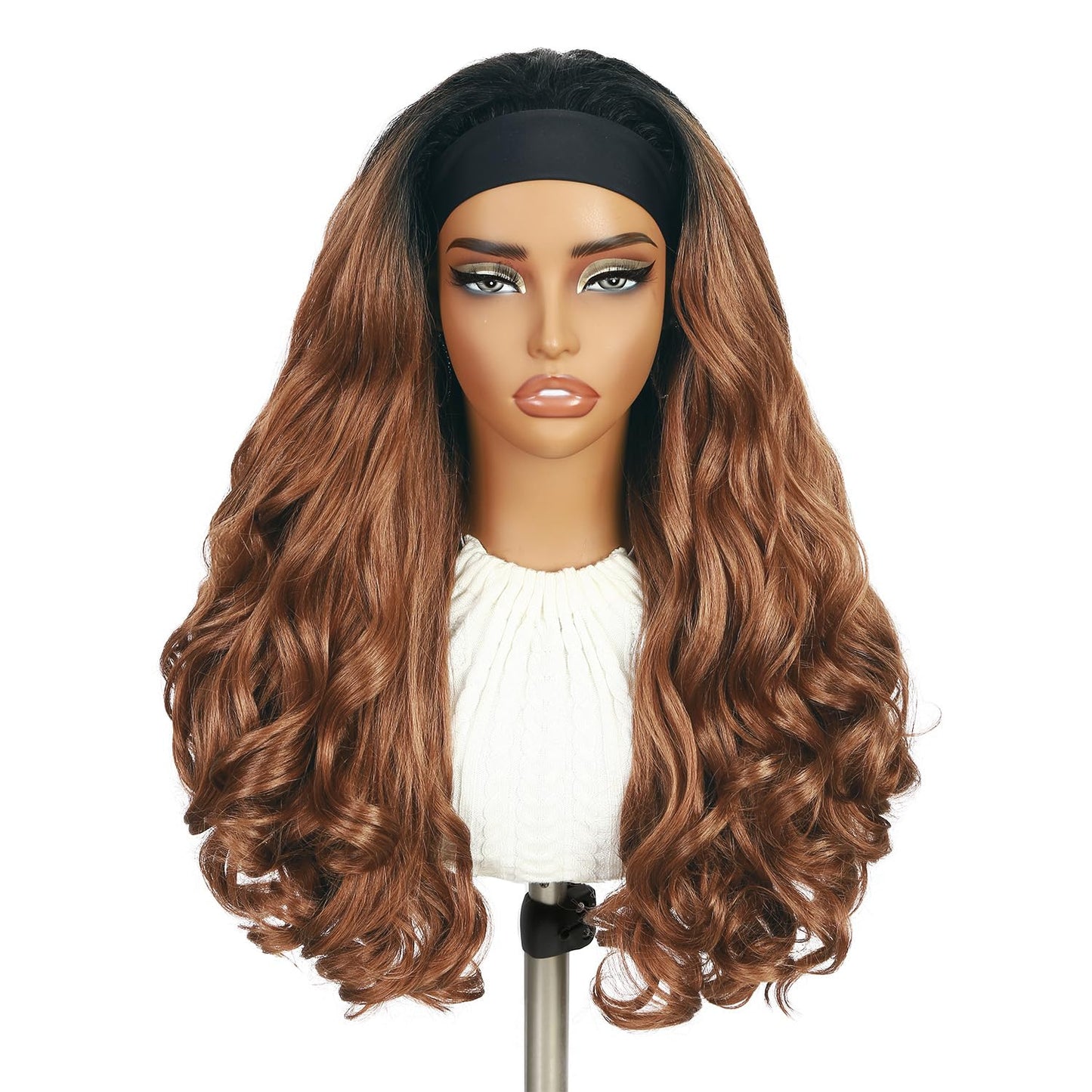 Yaki Wavy Headband Wigs for Black Women 26 Inch Black Kinky Straight Wear and Go Wig with Curly Wavy Ends Synthetic Glueless Half Wig with Headbands Attached Blow Out Style Natural Hair Texture