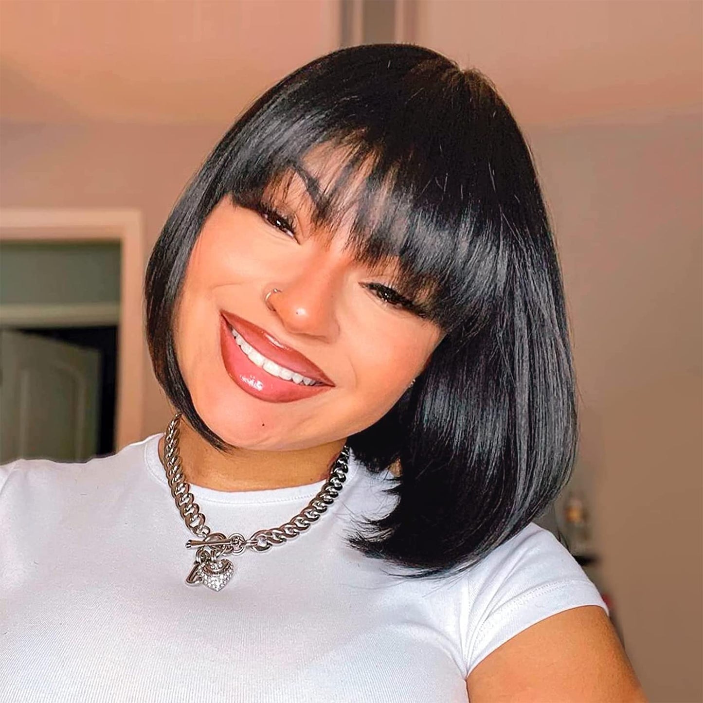 ToyoTress Bob Wig With Bangs - 12 Inch Peek-a-boo Color Short Bob Wig For Black Women Black Mix Brown Daily Costume Wigs, Light Yaki Straight Synthetic Hair Wigs Heat Resistant (12 Inch, SH30-612H)