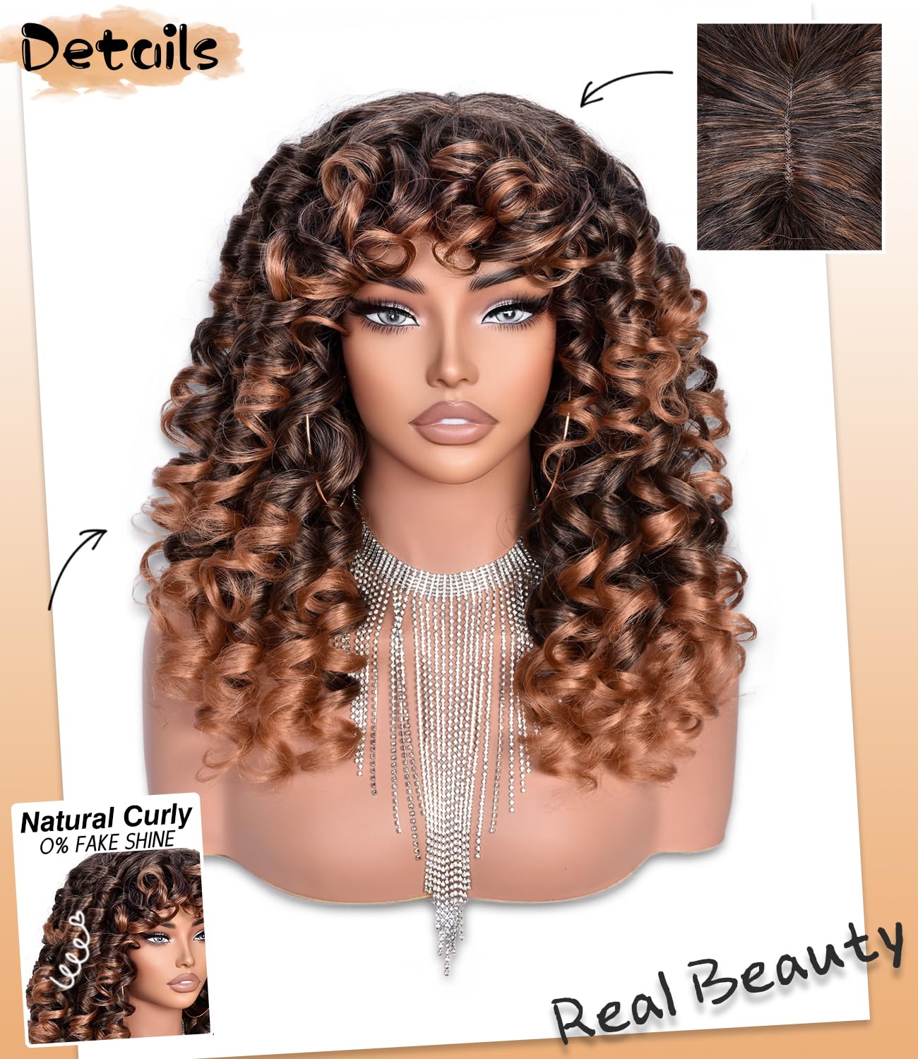 RunM Black Curly Wig with Bangs for Black Women Long Curly Afro Wig Big Bouncy Fluffy Synthetic Fiber Glueless Hair for Cosplay and Daily 17 Inch