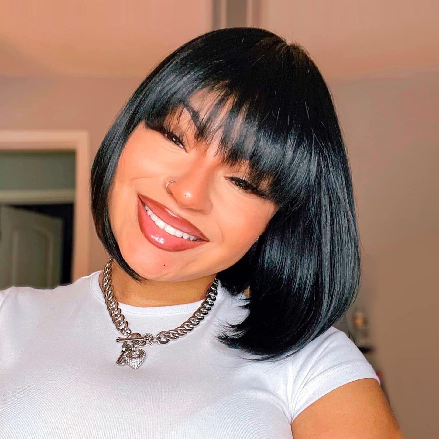 ToyoTress Bob Wig With Bangs - 12 Inch Peek-a-boo Color Short Bob Wig For Black Women Black Mix Brown Daily Costume Wigs, Light Yaki Straight Synthetic Hair Wigs Heat Resistant (12 Inch, SH30-612H)