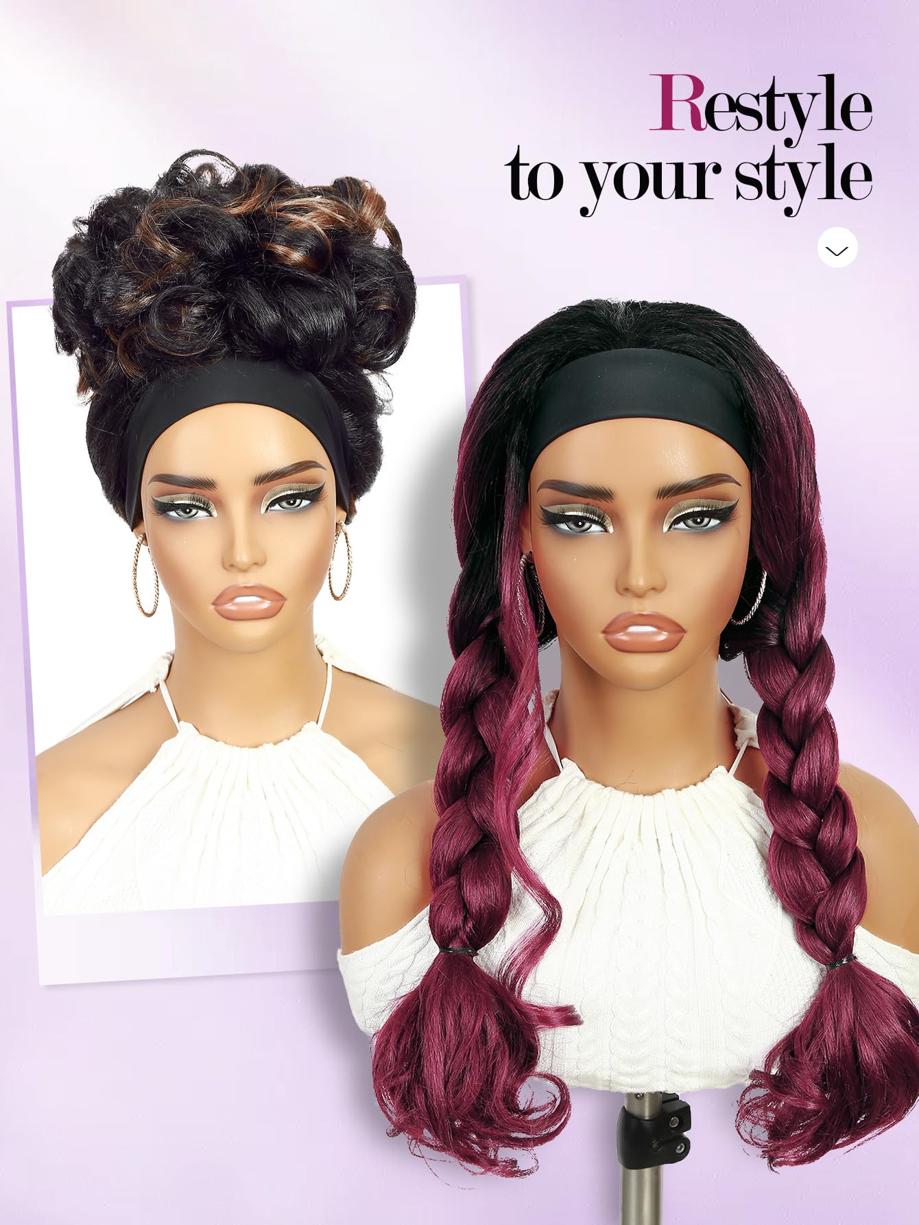 Yaki Wavy Headband Wigs for Black Women 26 Inch Black Kinky Straight Wear and Go Wig with Curly Wavy Ends Synthetic Glueless Half Wig with Headbands Attached Blow Out Style Natural Hair Texture
