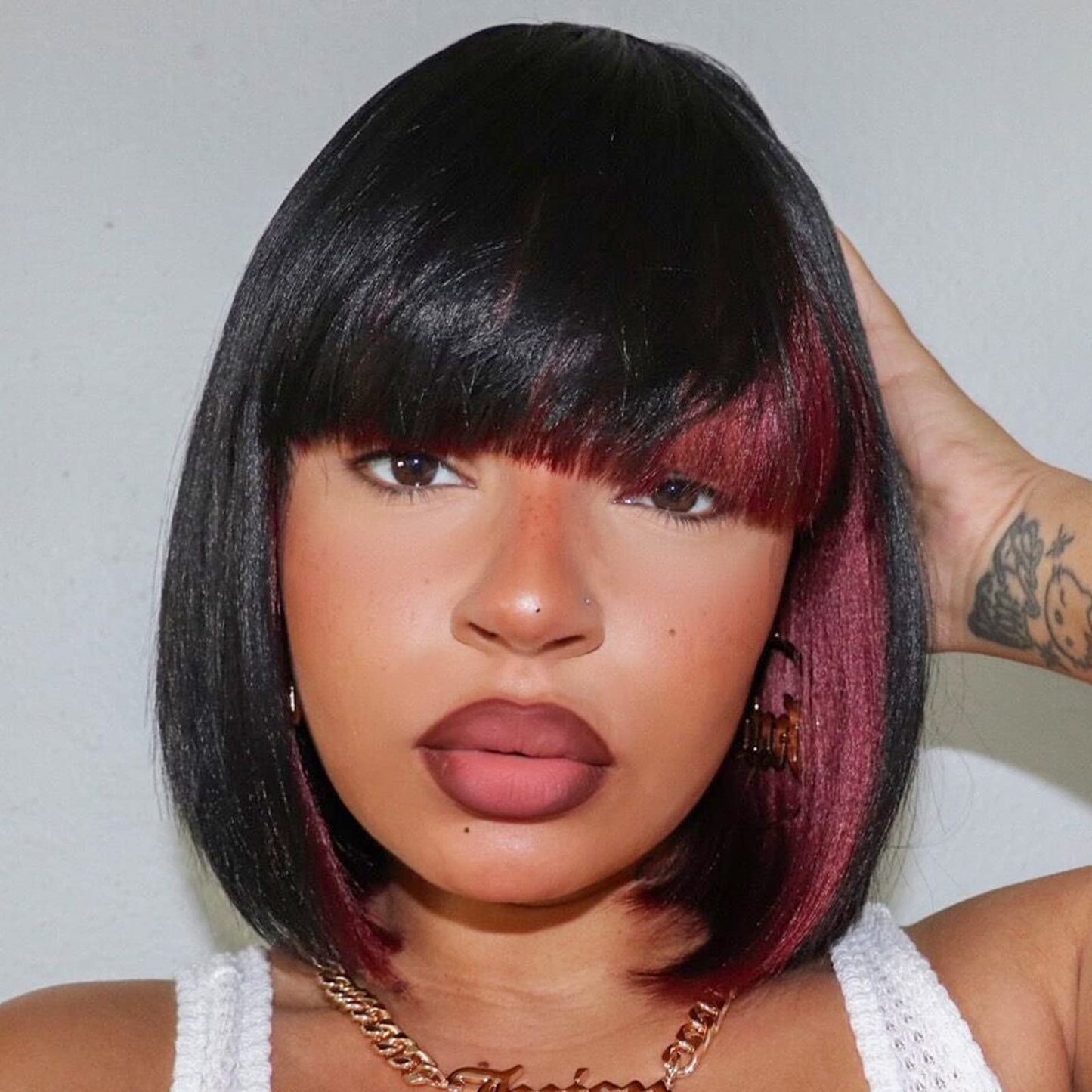 ToyoTress Bob Wig With Bangs - 12 Inch Peek-a-boo Color Short Bob Wig For Black Women Black Mix Brown Daily Costume Wigs, Light Yaki Straight Synthetic Hair Wigs Heat Resistant (12 Inch, SH30-612H)