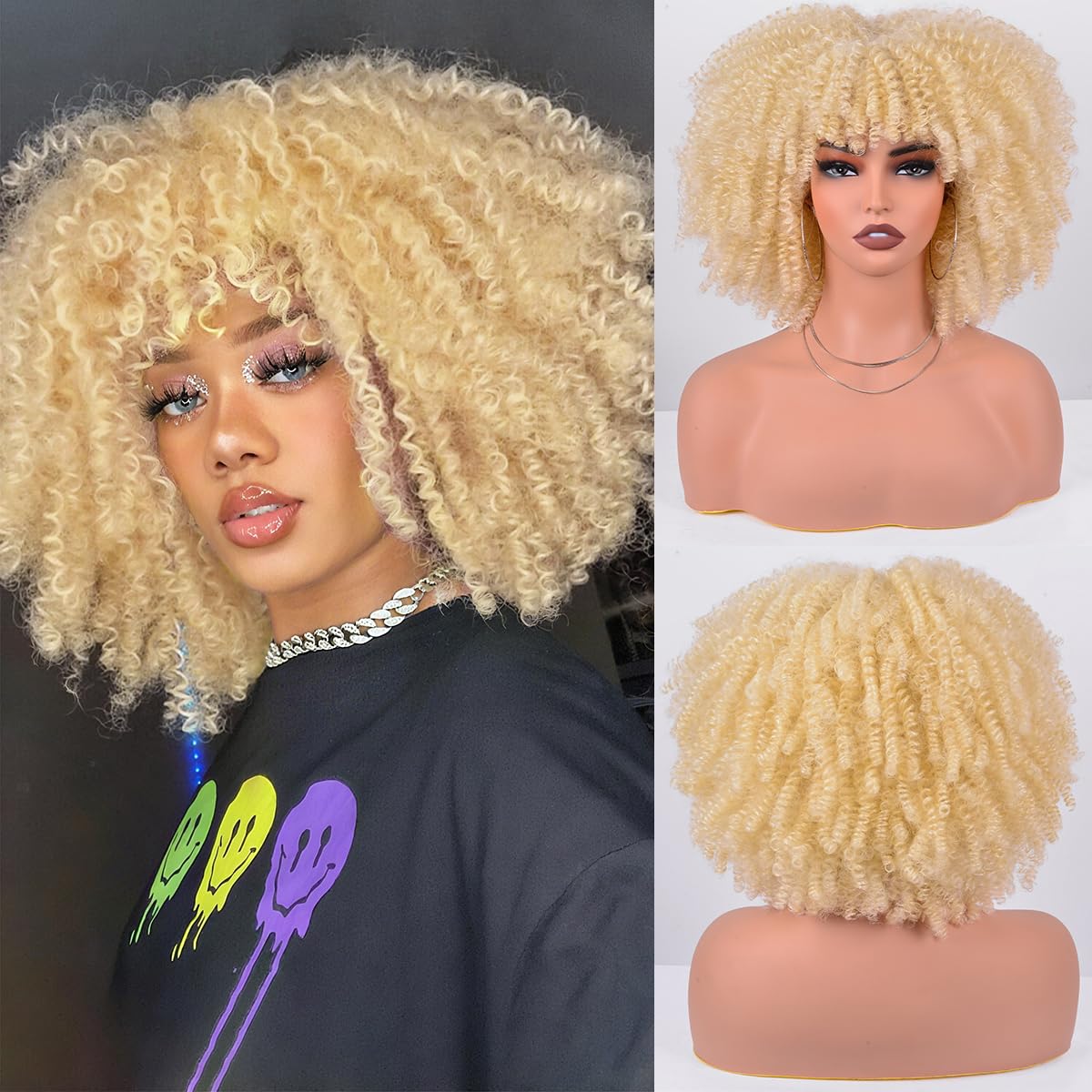 Afro Curly Wig with Bangs 12 Inches Synthetic Afro Wig for Women about 280g/Pcs Heat Resistant Black Short Kinky Curly Wigs for Daily Party