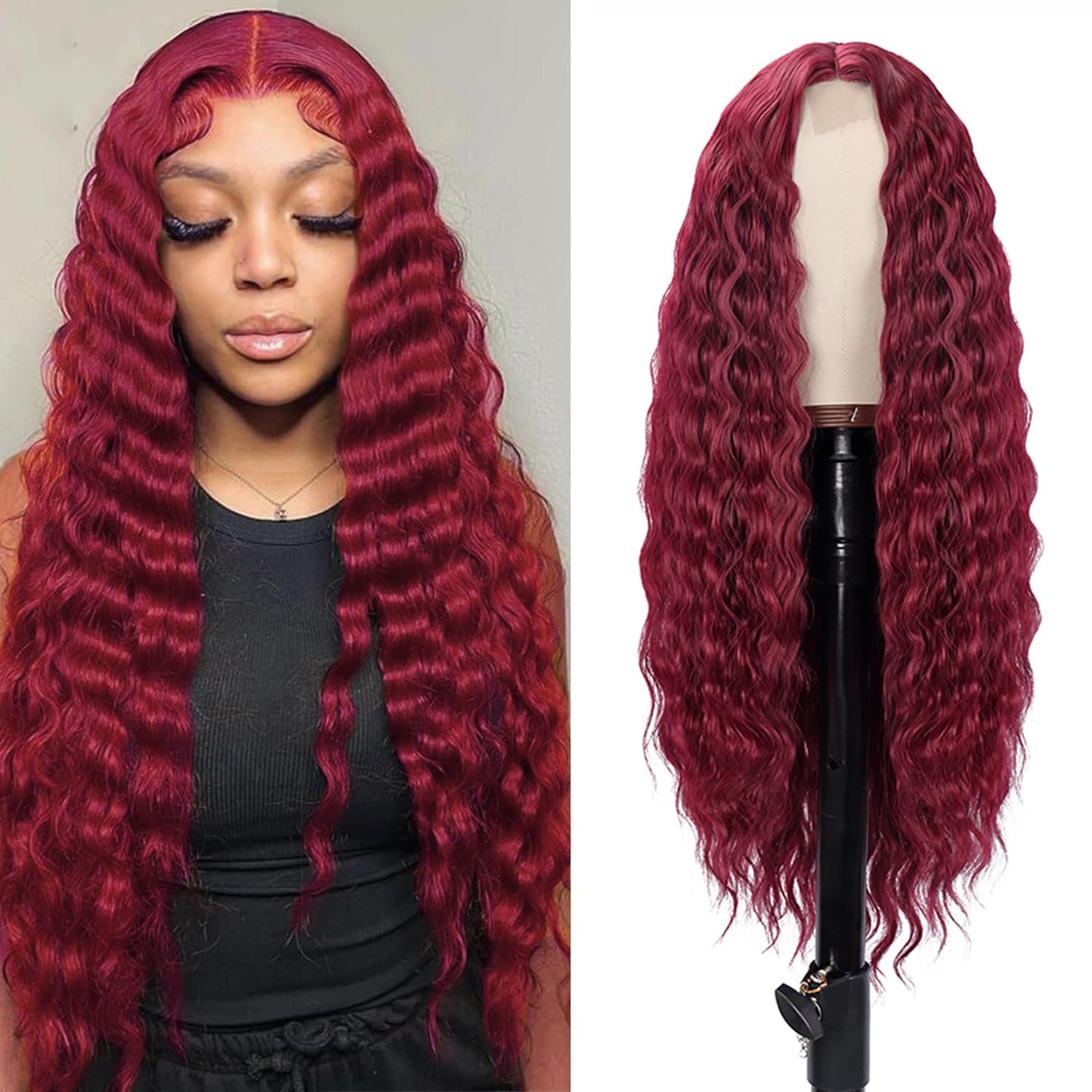 Mairead 28 Inch Long Curly Synthetic Lace Front Wigs for Black Women Loose Deep Wave Black Synthetic Wig Middle Part 4" Simulated Scalp Small Lace Front Wigs Natural Looking Crimps Curls Wig