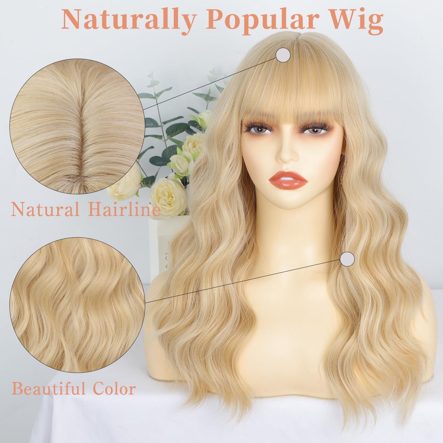 Blonde Wig with Bangs Dirty Blonde Wig for Women Long Wavy Curly Heat Resistant Fiber Synthetic for Daily Party Use (20inch)