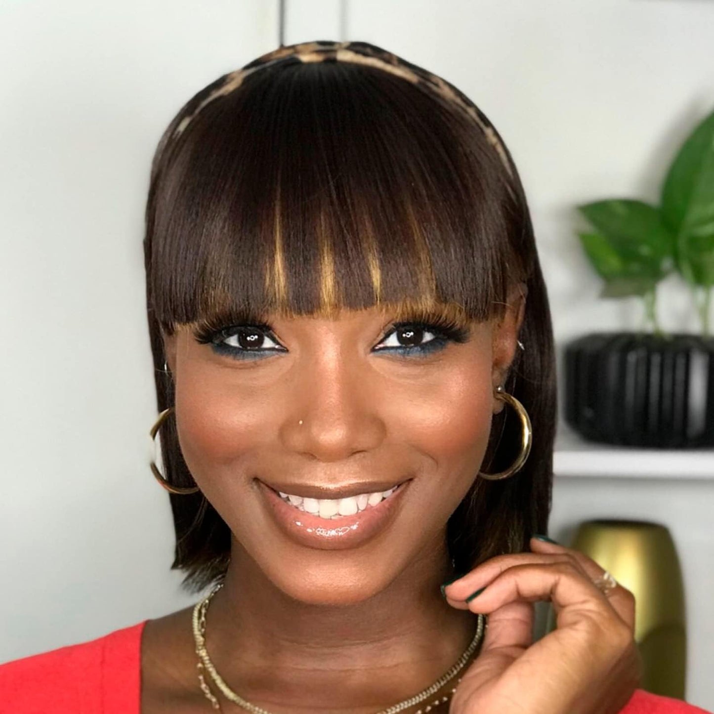 ToyoTress Bob Wig With Bangs - 12 Inch Peek-a-boo Color Short Bob Wig For Black Women Black Mix Brown Daily Costume Wigs, Light Yaki Straight Synthetic Hair Wigs Heat Resistant (12 Inch, SH30-612H)