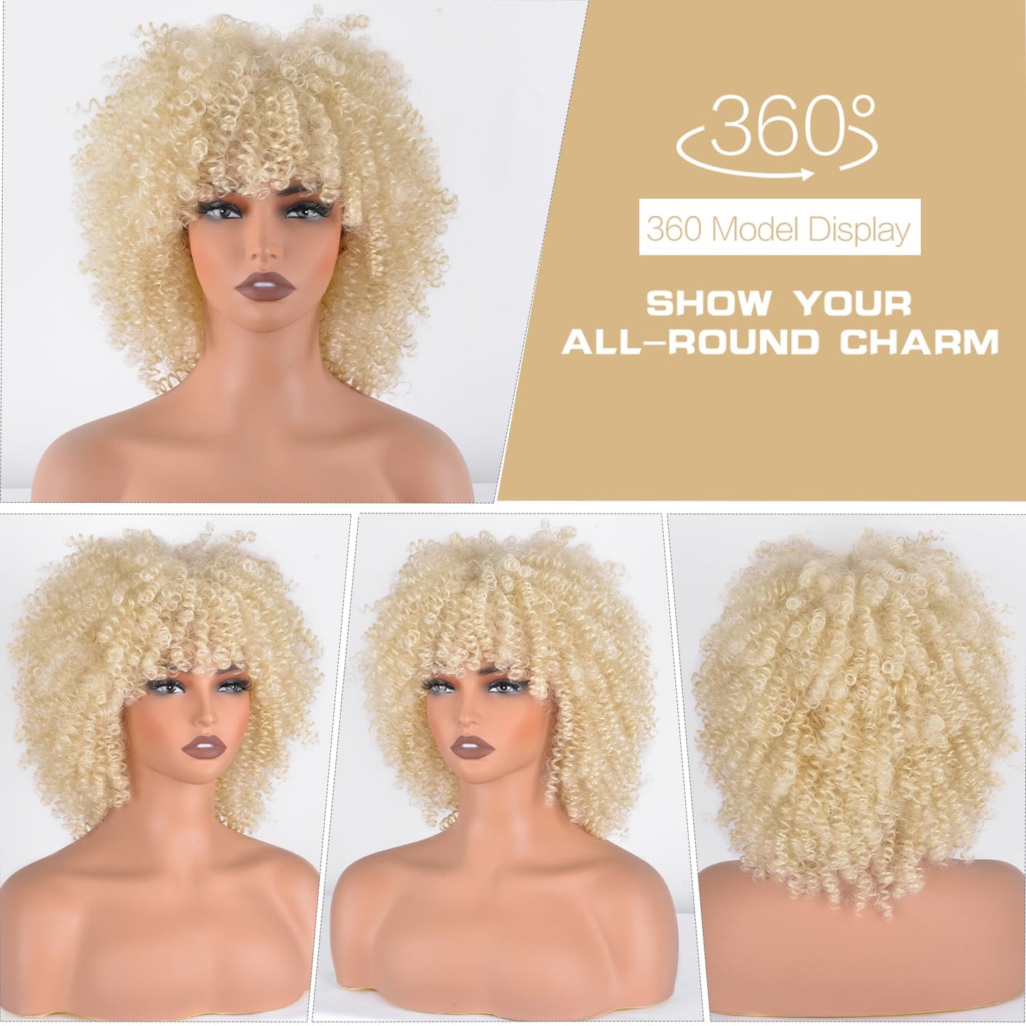 Afro Curly Wig with Bangs 12 Inches Synthetic Afro Wig for Women about 280g/Pcs Heat Resistant Black Short Kinky Curly Wigs for Daily Party