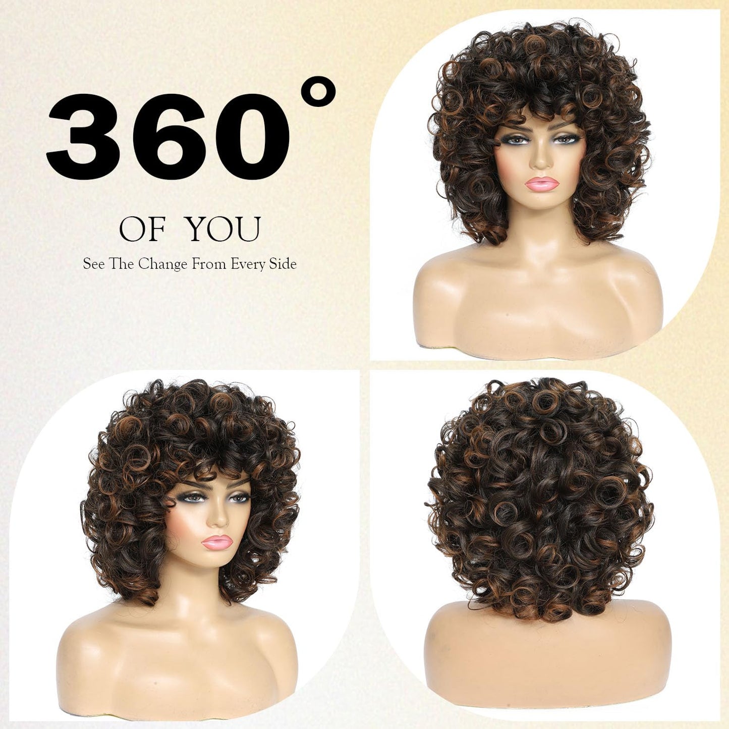 Curly Wigs for Black Women Soft Honey Blonde Short Curly Wig with Bangs Afro Loose Curls Wig for African American Women (1B/30)