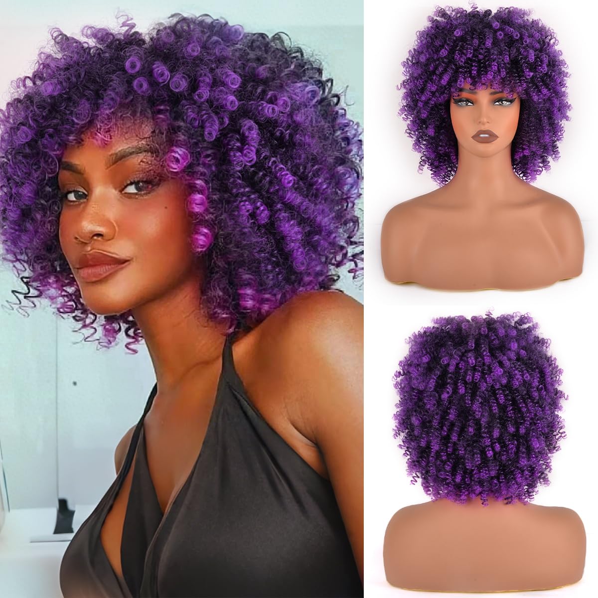Afro Curly Wig with Bangs 12 Inches Synthetic Afro Wig for Women about 280g/Pcs Heat Resistant Black Short Kinky Curly Wigs for Daily Party