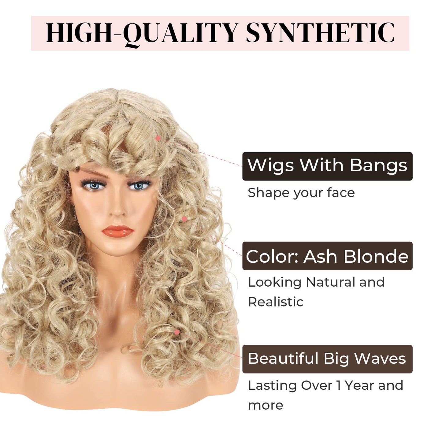 LONAI Curly Wig with Bangs for Black Women Long Black Kinky Wigs with Wispy Bangs WIG006 Curly Gorgeous Fringe Synthetic Wig for Daily Use Party Cosplay-Black