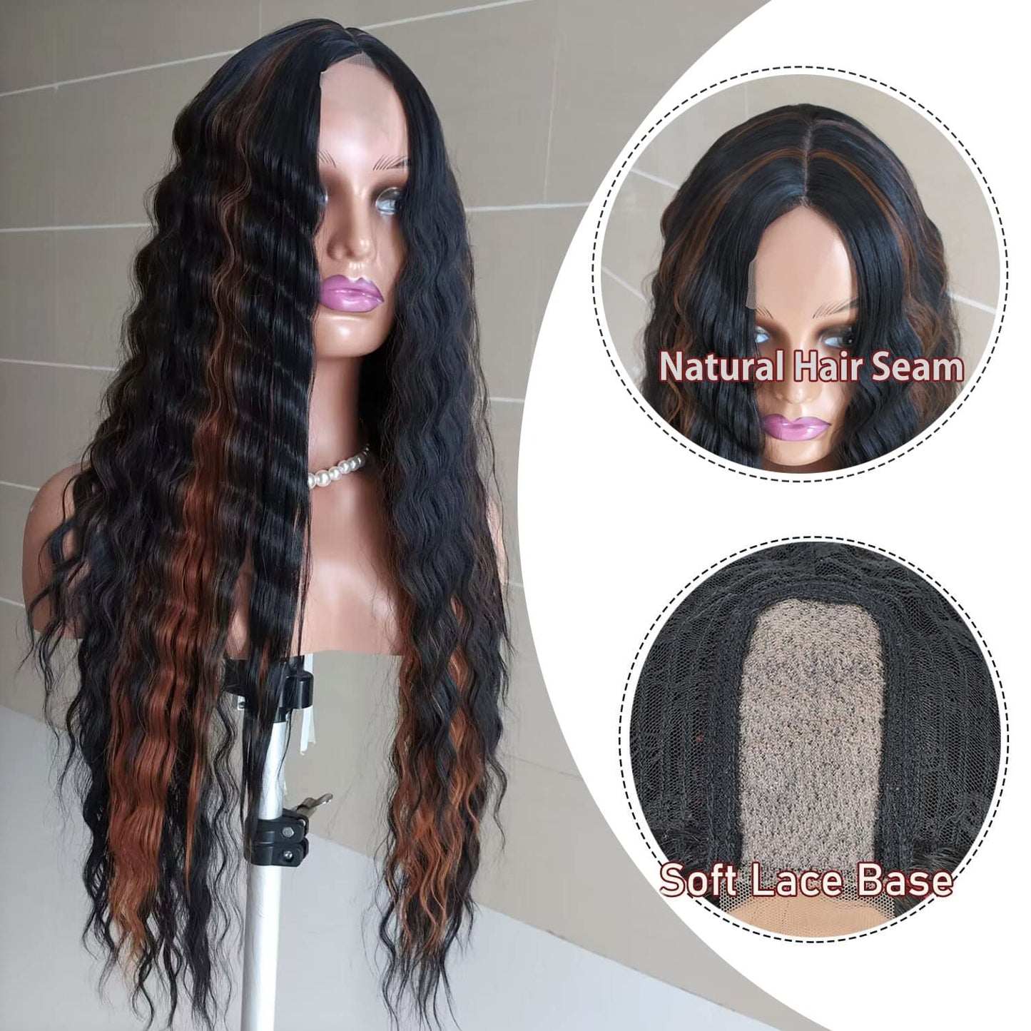 30 Inch Synthetic Curly Wigs for Women Long Black Hair Wig Lace Front 4" Simulated Scalp Natural Loose Deep Wave Crimps Curls Wig As Hair Replacement Wigs 1B
