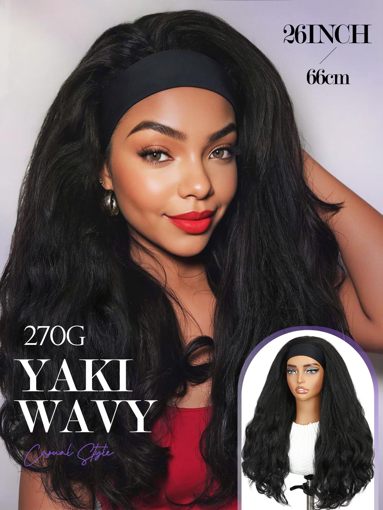 Yaki Wavy Headband Wigs for Black Women 26 Inch Black Kinky Straight Wear and Go Wig with Curly Wavy Ends Synthetic Glueless Half Wig with Headbands Attached Blow Out Style Natural Hair Texture