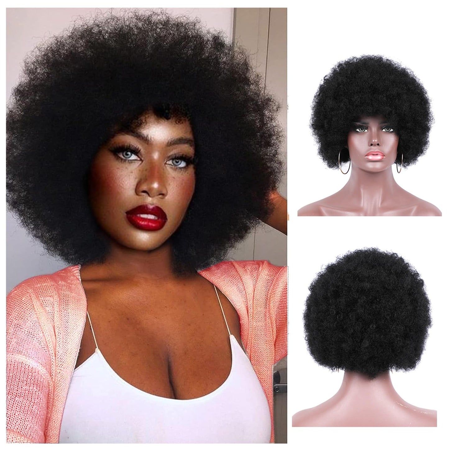Curly Wigs for Black Women Soft Honey Blonde Short Curly Wig with Bangs Afro Loose Curls Wig for African American Women (1B/30)