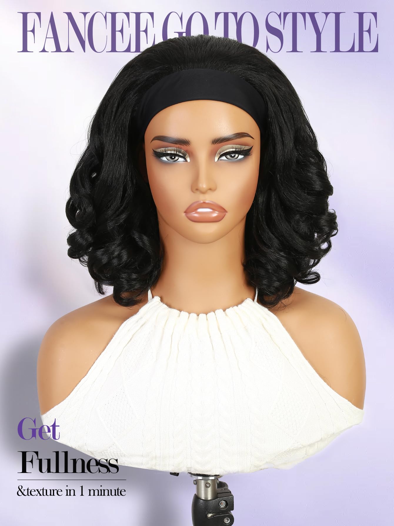 Yaki Wavy Headband Wigs for Black Women 26 Inch Black Kinky Straight Wear and Go Wig with Curly Wavy Ends Synthetic Glueless Half Wig with Headbands Attached Blow Out Style Natural Hair Texture