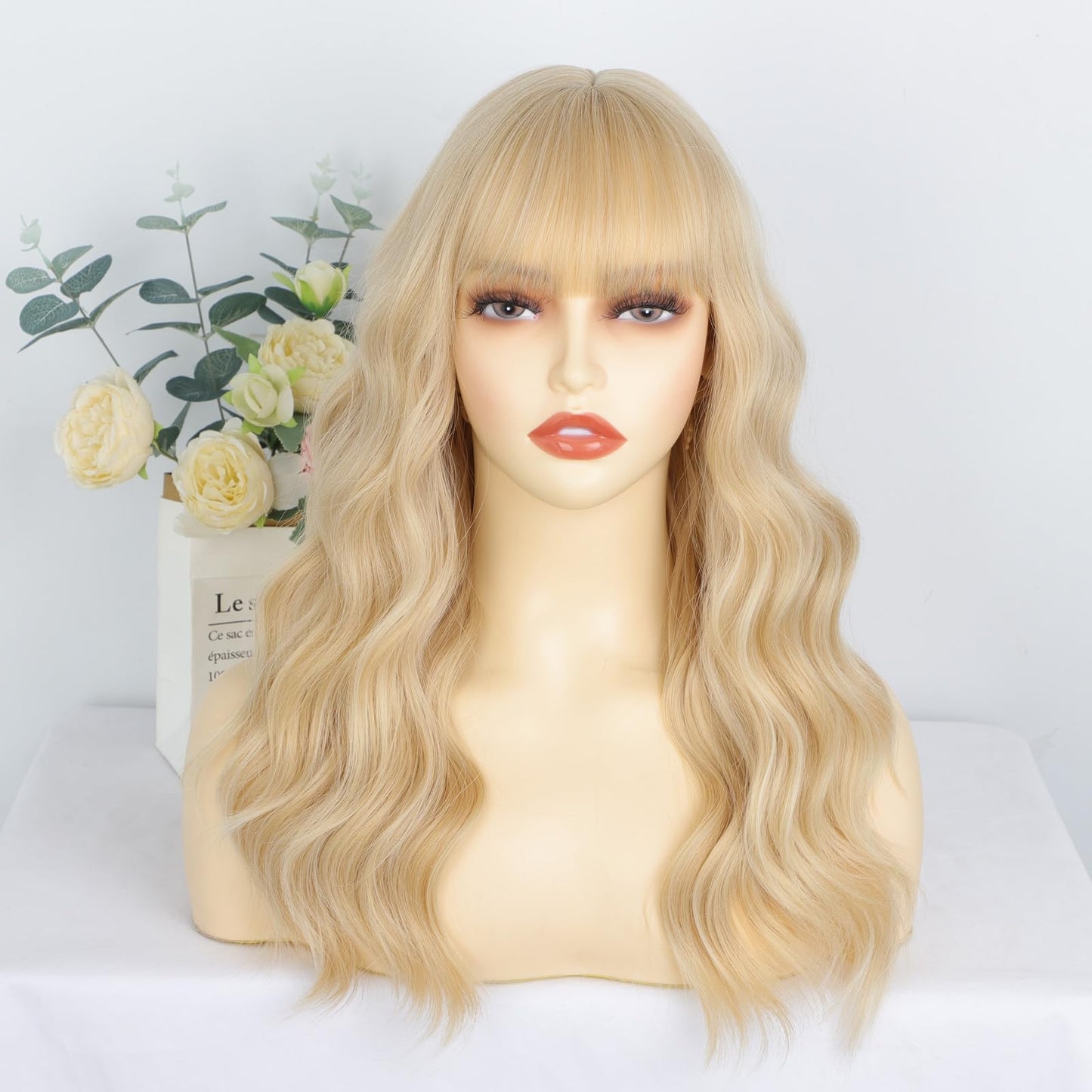 Blonde Wig with Bangs Dirty Blonde Wig for Women Long Wavy Curly Heat Resistant Fiber Synthetic for Daily Party Use (20inch)