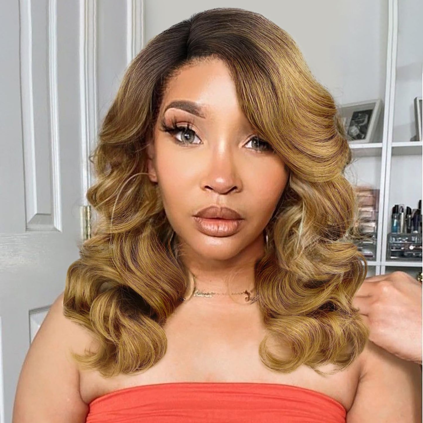 WIGER Short Wavy Wigs for Women Black Loose Wave Bob Hair Wig 14 Inch Side Part Big Curly Glueless Lace Part Hair Synthetic Curly Wig for Daily or Party